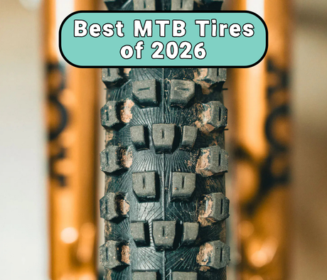 Close-up of MTB tire tread with text "Best MTB Tires of 2026.